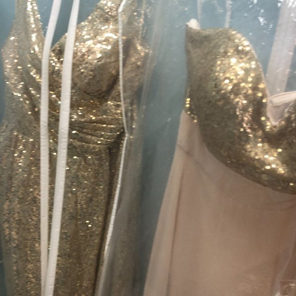 New Gold Sequin Champagne Dress, Aline Bridesmaid Formal Sparkle Gather and Gown - Picture 2 of 14